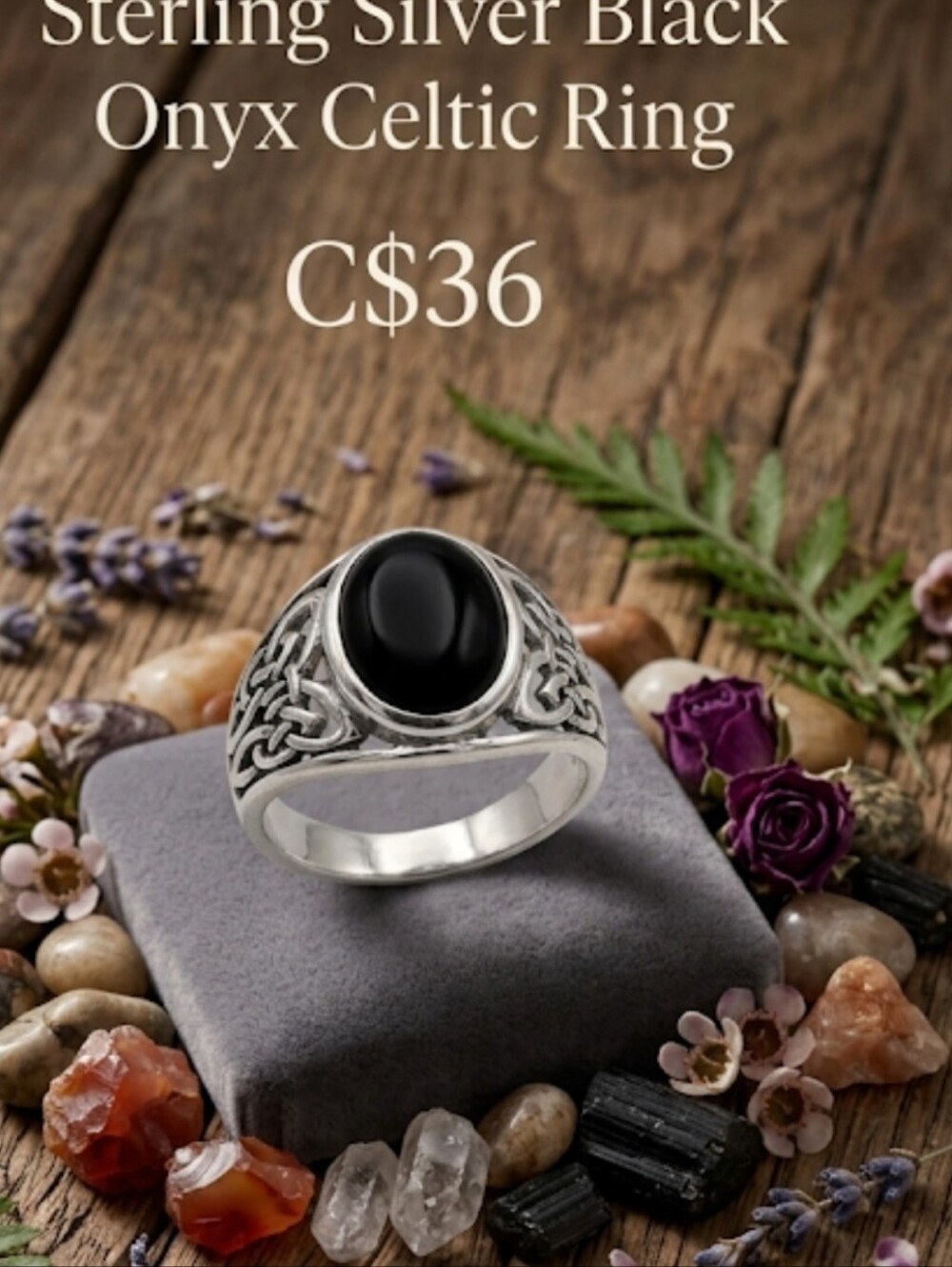 Sterling Silver Black Onyx Celtic Ring